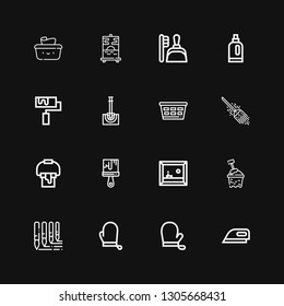 Editable 16 housework icons for web and mobile. Set of housework included icons line Ironing, Gloves, Brushes, Bucket, Painting, Paint brush, Paint bucket on black background