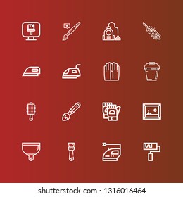 Editable 16 housework icons for web and mobile. Set of housework included icons line Roller, Iron, Brush, Dustpan, Painting, Gloves, Paint brush, Bucket, Ironing, Broom on red
