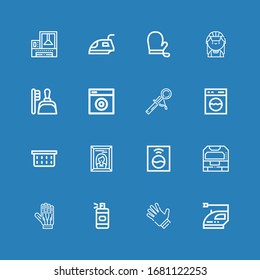 Editable 16 housework icons for web and mobile. Set of housework included icons line Iron, Gloves, Spray bottle, Machine, Washing machine, Painting, Laundry basket on blue background