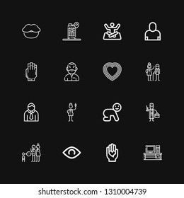 Editable 16 human icons for web and mobile. Set of human included icons line Desk, Love, View, Parenthood, Detective, Baby, Nurse, Avatar, Old man, Heart, Man on black background
