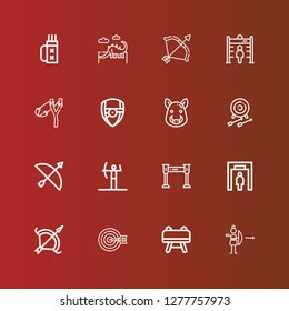 Editable 16 hunt icons for web and mobile. Set of hunt included icons line Archery, Buck, Metal detector, Boar, Arsenal, Slingshot, Dinosaur, Quiver on red