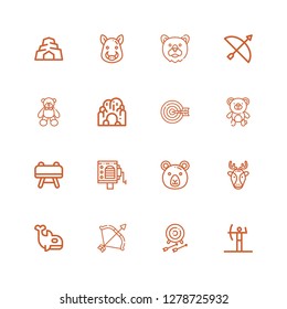 Editable 16 hunting icons for web and mobile. Set of hunting included icons line Archery, Orca, Deer, Bear, Barrel organ, Buck, Cave, Boar on white background