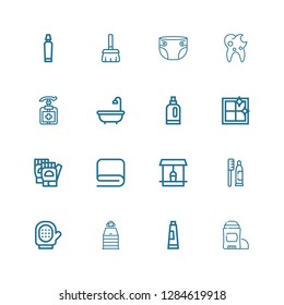 Editable 16 hygiene icons for web and mobile. Set of hygiene included icons line Deodorant, Toothpaste, Sauna, Glove, Well, Towel, Gloves, Clean window, Detergent on white background