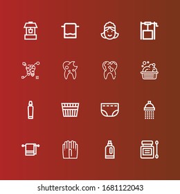 Editable 16 hygiene icons for web and mobile. Set of hygiene included icons line Antiseptic, Detergent, Gloves, Towel, Shower, Diaper, Bucket, Toothpaste, Washbowl, Tooth on red