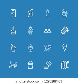 Editable 16 ice icons for web and mobile. Set of ice included icons line Ski, Macaron, Bucket, Fast food, Ice cream, Iceberg, Sand bucket, Skii, Mountains, Candy on blue background