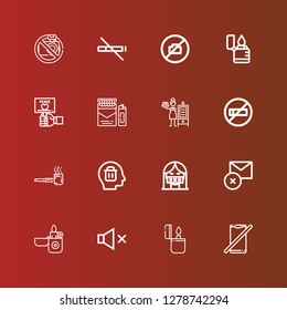 Editable 16 icons for web and mobile. Set of no included icons line No phone, Lighter, Mute, Delete, Censor, Smoking pipe, No smoking, Smoker, Cigarette, Peace, No camera on red