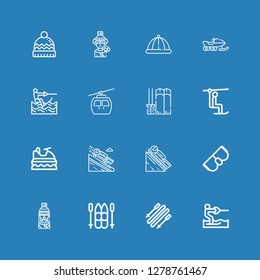 Editable 16 icons for web and mobile. Set of ski included icons line Water ski, Skii, Ski, Skier, Goggles, Luge, Jet ski, Chairlift, Cableway, Wakeboarding on blue background