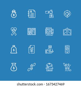 Editable 16 ideas iconos para web y móvil. Conjunto de ideas incluyeron iconos línea Caridad, Donación de ropa, Bolsa de dinero, Contrato, Marco sobre fondo azul