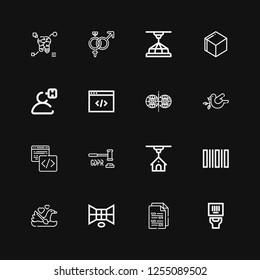 Editable 16 identity icons for web and mobile. Set of identity included icons line Barcode, Coding, d, Swan, GDPR, Code, Dove, Parallel world, User, d cube on black background