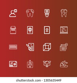 Editable 16 identity icons for web and mobile. Set of identity included icons line Swan, Fox, ID, d, Coding, Letter, Barcode, Passport, Paper shredder, Tooth, User on red