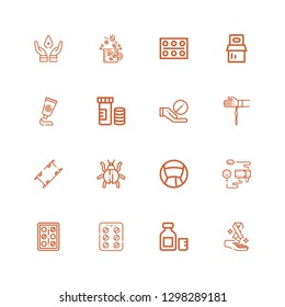 Editable 16 illness icons for web and mobile. Set of illness included icons line Cancer, Syrup, Contraceptive pills, Pills, Blood pressure gauge, Medicine on white background