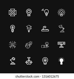 Editable 16 illumination icons for web and mobile. Set of illumination included icons line Idea, Chandelier, Desk lamp, Spotlight, Glow, Lamp, Bulb, Lightbulb on black background
