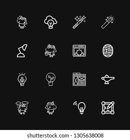 Editable 16 imagination icons for web and mobile. Set of imagination included icons line Layout, Idea, Unicorn, Lamp, Brain, Magic wand on black background