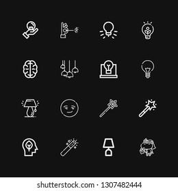 Editable 16 imagination icons for web and mobile. Set of imagination included icons line Unicorn, Lamp, Magic wand, Inspiration, Smart, Idea, Brain, Wand on black background