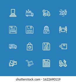 Editable 16 import icons for web and mobile. Set of import included icons line Delivery, Diskette on blue background