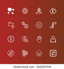 Editable 16 income icons for web and mobile. Set of income included icons line Transfer, Coin, Salesman, Earnings, Dollar, Loan, Coins, Piggy bank on red