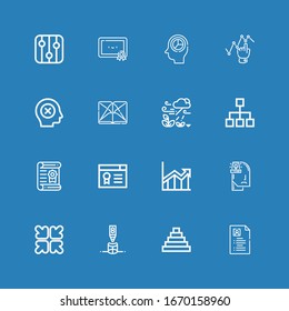 Bearbeitbar 16 Infografiken für Web und Mobile. Reihe von Infografiken enthält Symbole Zeile Lebenslauf, Pyramide, Zylinder, Verringerung, Angst, Zunahme, Zeugnis auf blauem Hintergrund