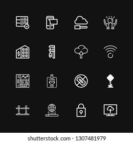 Editable 16 information icons for web and mobile. Set of information included icons line Television, Padlock, Hologram, Queue, Road sign, No weapons, ID, Browser on black background