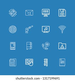 Editable 16 information icons for web and mobile. Set of information included icons line GDPR, Clamp, Firewall, Newspaper, Folder, Call center, Notebook, Catalog on blue background