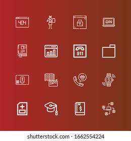 Editable 16 information icons for web and mobile. Set of information included icons line Network, Book, Mortarboard, Medical report, Investment, Call center, Mouse, Folder on red