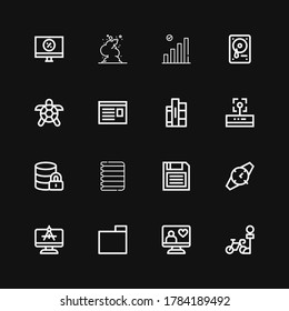 Editable 16 iconos de información para web y móvil. El conjunto de información incluye iconos línea Estacionamiento, Computadora, Carpeta, Inspección, Diskette, Papel, Alojamiento, Wifi, Libros sobre fondo negro