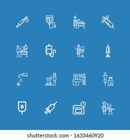 Editable 16 Injection Icons For Web And Mobile. Set Of Injection Included Icons Line Veterinarian, Anti Age, Syringe, Blood Transfusion, Vaccine, Blood Bag On Blue Background