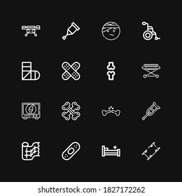 Editable 16 injury icons for web and mobile. Set of injury included icons line Stretcher, Hospital bed, Plaster, Gauze, Crutch, Broken bone, Bones, Orthopedic on black background
