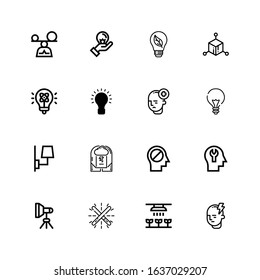 Editable 16 innovation icons for web and mobile. Set of innovation included icons line Mind, Light, Glow, Brainstorm, Lamp, Idea, Cube, Bulb, Mindfulness on white background