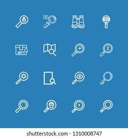 Editable 16 inspect icons for web and mobile. Set of inspect included icons line Magnifying glass, Search, Zoom, Binoculars, Magnifying on blue background