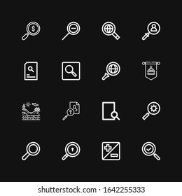 Editable 16 inspection icons for web and mobile. Set of inspection included icons line Search, Zoom, Geology, Standard, Searching, Zoom out on black background
