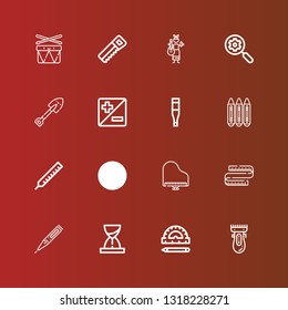 Editable 16 instrument icons for web and mobile. Set of instrument included icons line Clipper, Ruler, Hourglass, Thermometer, Measuring tape, Piano, Shovel, Crayons, Zoom on red