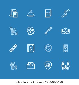 Editable 16 insurance icons for web and mobile. Set of insurance included icons line Family, Antivirus, Bill, Charity, Seat belt, Accident, Investment, Insurance on blue background