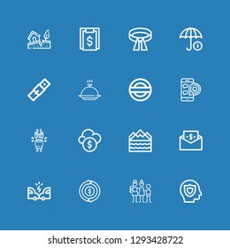 Editable 16 insurance icons for web and mobile. Set of insurance included icons line Insurance, Family, Refund, Accident, Bill, Flood, Funds, Seatbelt, Medical appointment on blue background