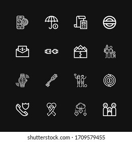 Editable 16 insurance icons for web and mobile. Set of insurance included icons line Family, Charity, Insurance, Refund, Investment, Earthquake, Seat belt on black background