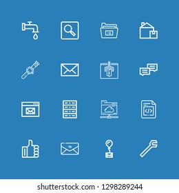 Editable 16 interface icons for web and mobile. Set of interface included icons line Wrench, Mail, Envelope, Like, File, Cloud folder, Server, Browser, Chat on blue background