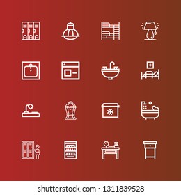 Editable 16 interior icons for web and mobile. Set of interior included icons line Nightstand, Dressing table, Shelves, Lockers, Bathtub, Fridge, Lamp, Desk lamp, Medical bed on red