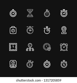 Editable 16 interval icons for web and mobile. Set of interval included icons line Stopwatch, Wall clock, Clock, Time, Clocks, Stop watch, Stopclock, Chronometer on black background