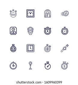Editable 16 interval icons for web and mobile. Set of interval included icons line Stopwatch, Chronometer, Clock, Watch, Wall clock, Stopclock, Time, Clocks on white background