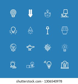 Editable 16 invention icons for web and mobile. Set of invention included icons line Idea, Lamp, Lightbulb on blue background