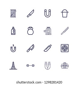 Editable 16 iron icons for web and mobile. Set of iron included icons line Cage, Magnet, Barbell, Eiffel tower, Extractor, Knife, Bird cage, Kettlebell, Detergent on white background