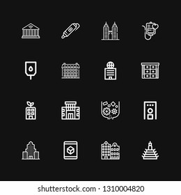 Editable 16 isometric icons for web and mobile. Set of isometric included icons line Building, Cube, Skyscraper, Security gate, Crusher, Cabinet, Blood transfusion on black background