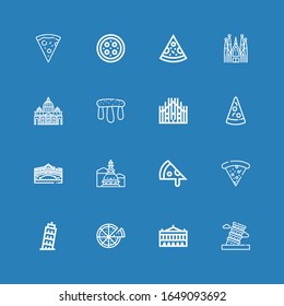 Editable 16 italy icons for web and mobile. Set of italy included icons line Pisa, Palais garnier, Pizza, Mole antonelliana, Rialto bridge, Milan, Stonehenge on blue background