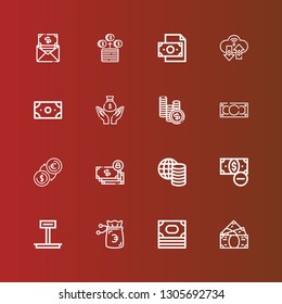 Editable 16 item icons for web and mobile. Set of item included icons line Money, Weight on red