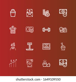 Editable 16 item icons for web and mobile. Set of item line icons including: Money, Bucket, Weight, Hipster on red