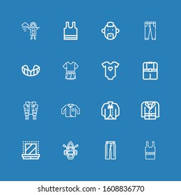 Editable 16 jacket icons for web and mobile. Set of jacket included icons line Sleeveless shirt, Trousers, Lifeboat, Dressing room, Coat, Vest, Clothing, Jacket on blue background