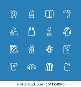 Editable 16 Jacket Icons For Web And Mobile. Set Of Jacket Included Icons Line Vest, Jacket, Clothing, Baby Clothes, Tuxedo, Lifeboat, Clothes, Dressing Room On Blue Background