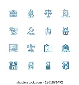 Editable 16 jail icons for web and mobile. Set of jail included icons line Oath, Prisioner, Prison, Jail, Police, Police station, Law, Prisoner, Witness, Slavery on white background