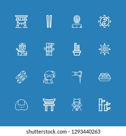 Editable 16 japan icons for web and mobile. Set of japan included icons line Bamboo, Cosplayer, Torii, Onigiri, Takoyaki, Sai, Ninja, Nunchaku, Shuriken, Taoism on blue background