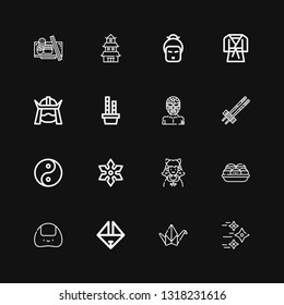 Editable 16 japan icons for web and mobile. Set of japan included icons line Shuriken, Origami, Onigiri, Takoyaki, Cosplayer, Yin yang, Chopsticks, Wrestler on black background
