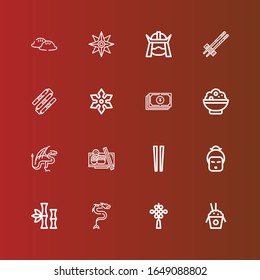 Editable 16 iconos japoneses para web y móvil. Conjunto de japoneses incluyeron iconos línea Arroz, nudo chino, Dragón, Bambú, Geisha, Chopsticks, Sushi, Yuan, Shuriken, Nunchaku en rojo